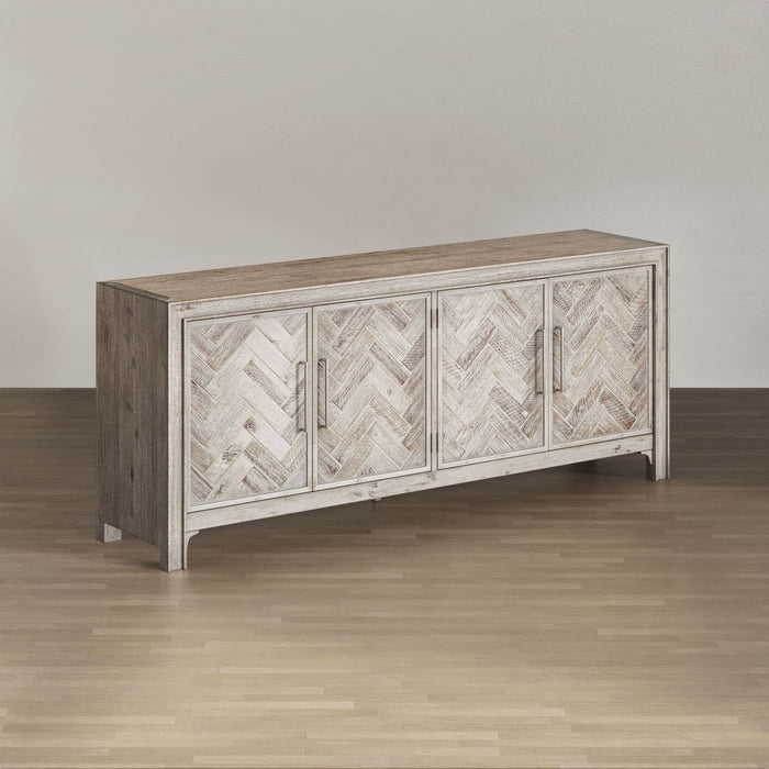 Jofran Gramercy Mid-Century Modern Chevron Four Door 79" Accent Cabinet in Grey Wash - Holmwood's Furniture & Design Center (Somersworth, NH)