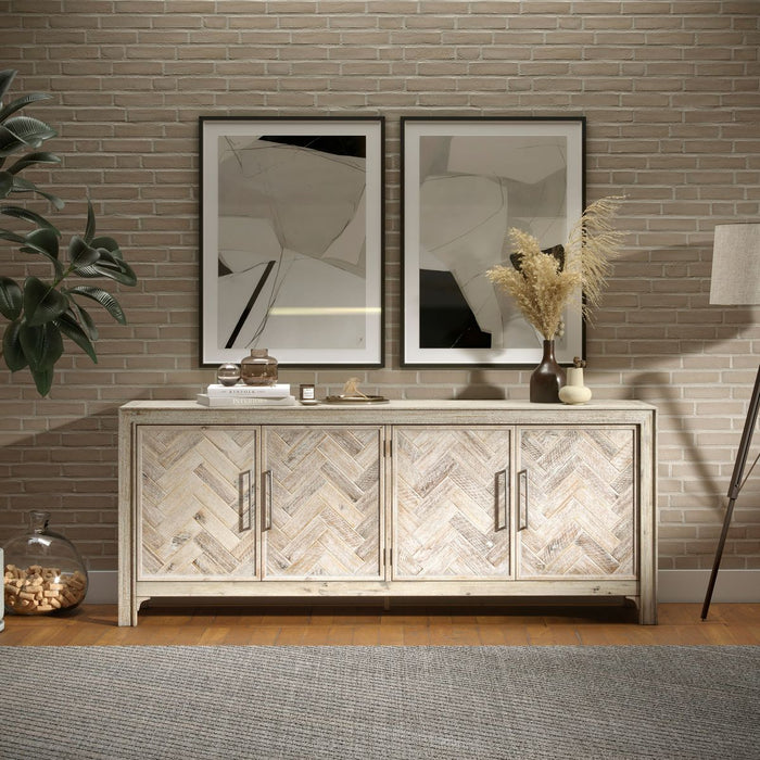 Jofran Gramercy Mid-Century Modern Chevron Four Door 79" Accent Cabinet in Grey Wash - Holmwood's Furniture & Design Center (Somersworth, NH)