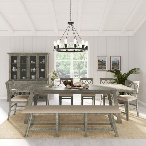 Jofran Telluride Rustic Distressed Pine 85" Upholstered Dining Bench in Driftwood Gray - Holmwood's Furniture & Design Center (Somersworth, NH)