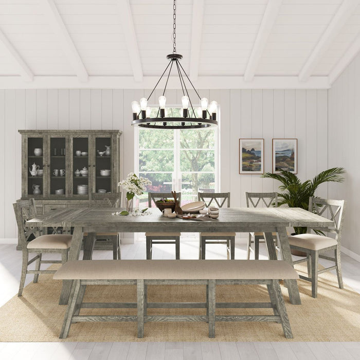 Jofran Telluride Rustic Distressed Pine 85" Upholstered Dining Bench in Driftwood Gray - Holmwood's Furniture & Design Center (Somersworth, NH)