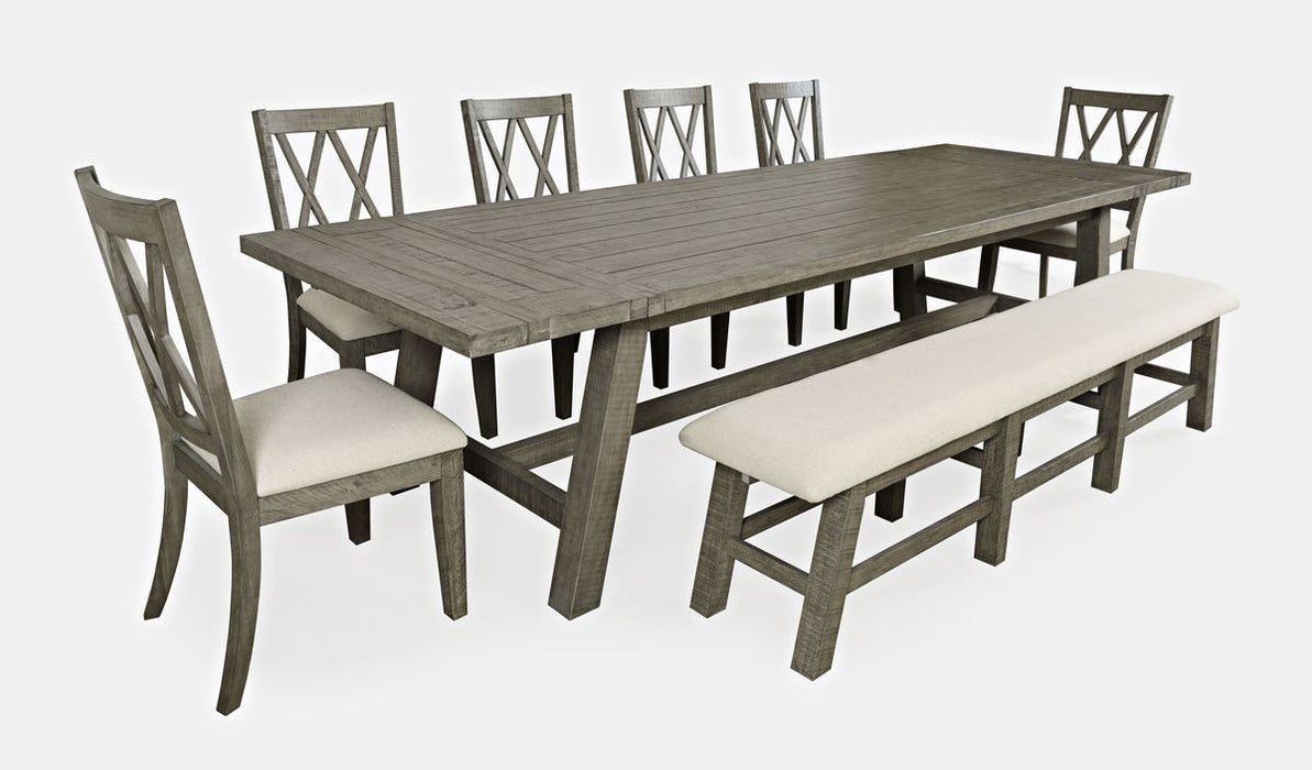 Jofran Telluride Rustic Distressed Pine 127" Trestle Counter Table with Two Leaves in Driftwood Grey - Holmwood's Furniture & Design Center (Somersworth, NH)