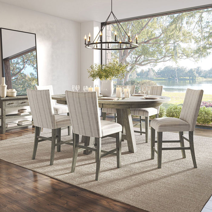 Jofran Telluride Contemporary Rustic Farmhouse Round to Oval Counter Height Dining Table in Driftwood Grey - Holmwood's Furniture & Design Center (Somersworth, NH)