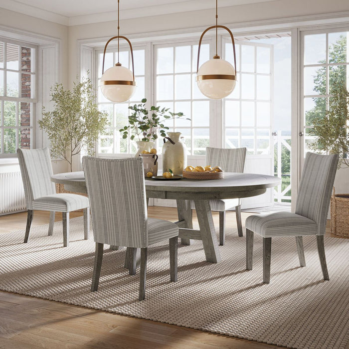 Jofran Telluride Contemporary Rustic Pine Parsons Striped Upholstery Dining Chair (Set of 2) in Driftwood Grey - Holmwood's Furniture & Design Center (Somersworth, NH)