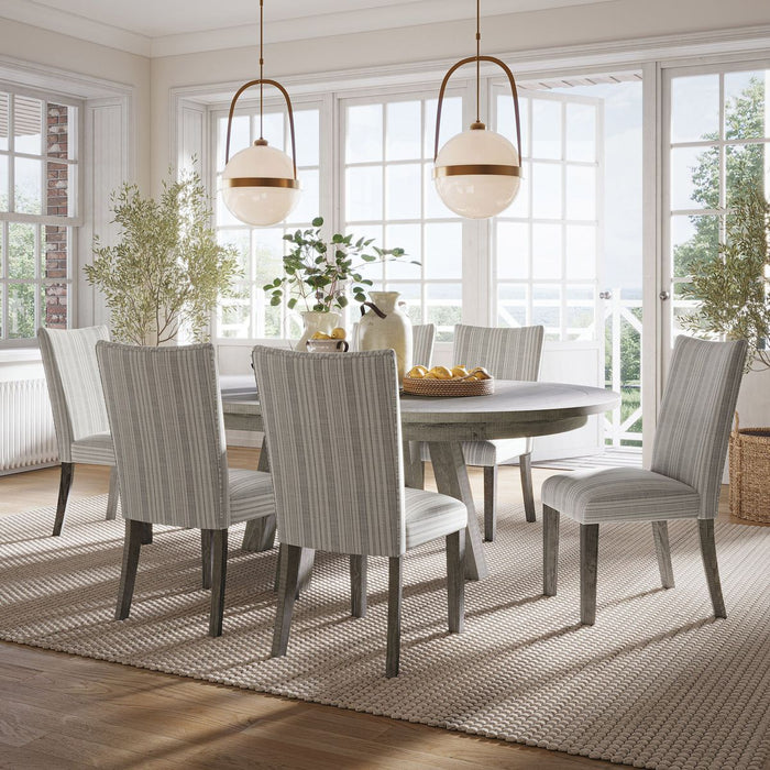 Jofran Telluride Contemporary Rustic Farmhouse Round to Oval Dining Table in Driftwood Grey - Holmwood's Furniture & Design Center (Somersworth, NH)