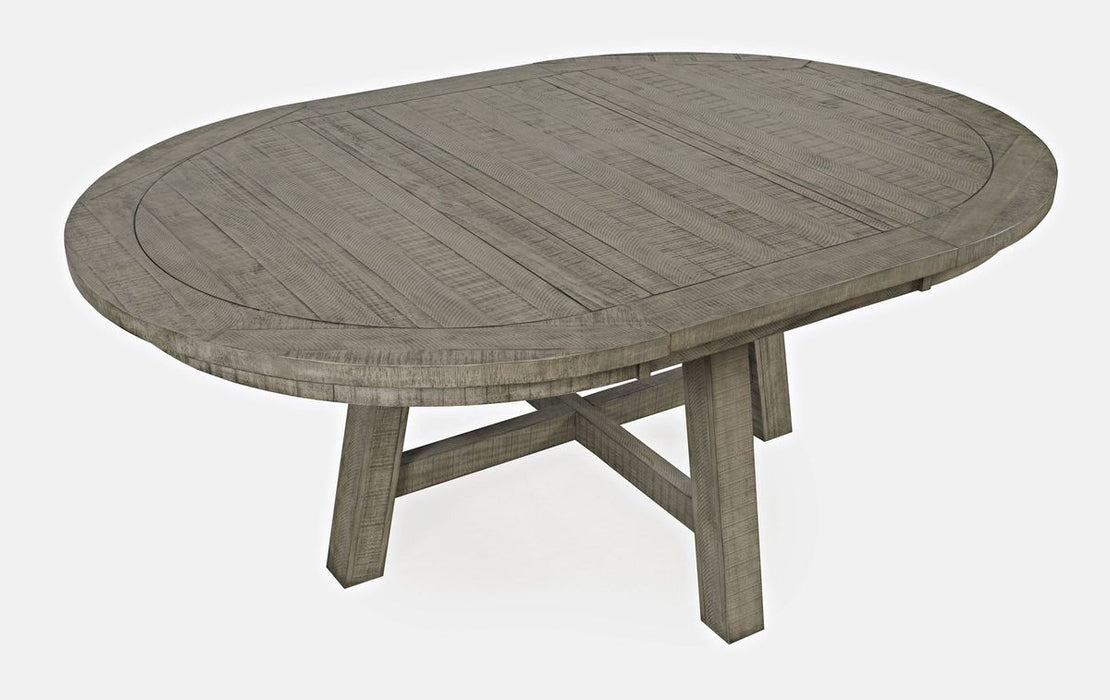 Jofran Telluride Contemporary Rustic Farmhouse Round to Oval Dining Table in Driftwood Grey - Holmwood's Furniture & Design Center (Somersworth, NH)