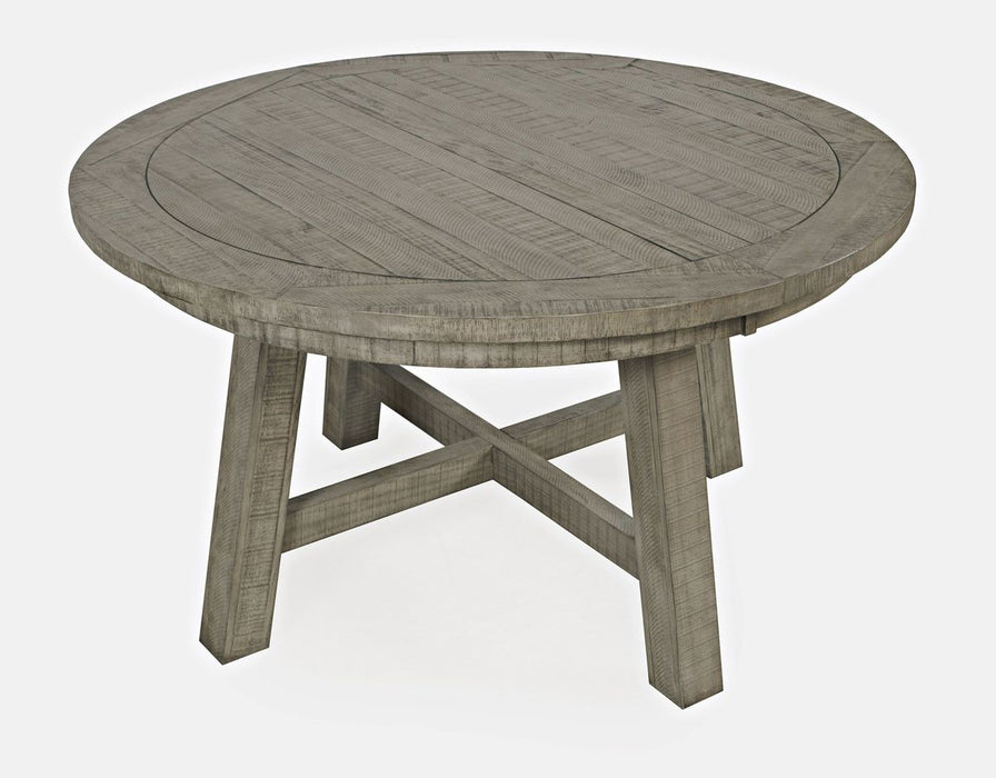 Jofran Telluride Contemporary Rustic Farmhouse Round to Oval Dining Table in Driftwood Grey - Holmwood's Furniture & Design Center (Somersworth, NH)