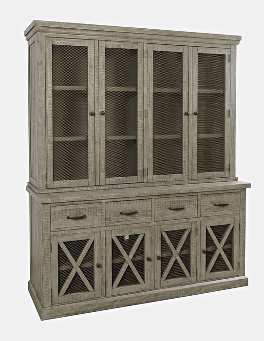 Jofran Telluride Rustic Distressed Pine Sideboard Buffet Hutch with LED Lights in Driftwood Grey - Holmwood's Furniture & Design Center (Somersworth, NH)