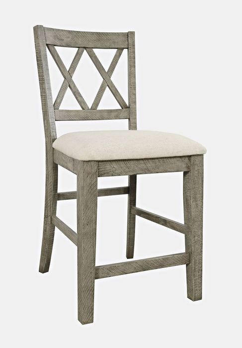 Jofran Telluride Rustic Distressed Pine Upholstered Counter Stool (Set of 2) in Driftwood Grey - Holmwood's Furniture & Design Center (Somersworth, NH)