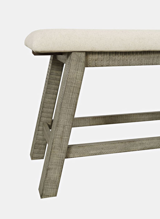 Jofran Telluride Rustic Distressed Pine Upholstered 85" Counter Height Bench in Driftwood Grey - Holmwood's Furniture & Design Center (Somersworth, NH)