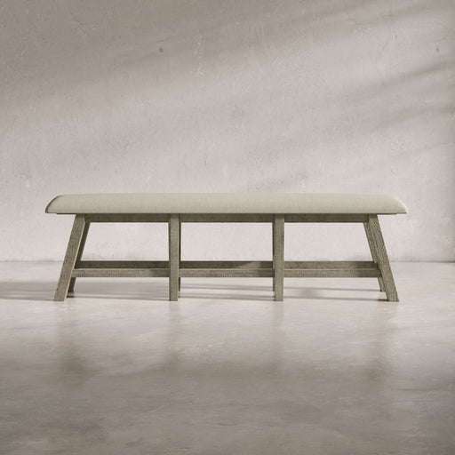 Jofran Telluride Rustic Distressed Pine Upholstered 85" Counter Height Bench in Driftwood Grey image