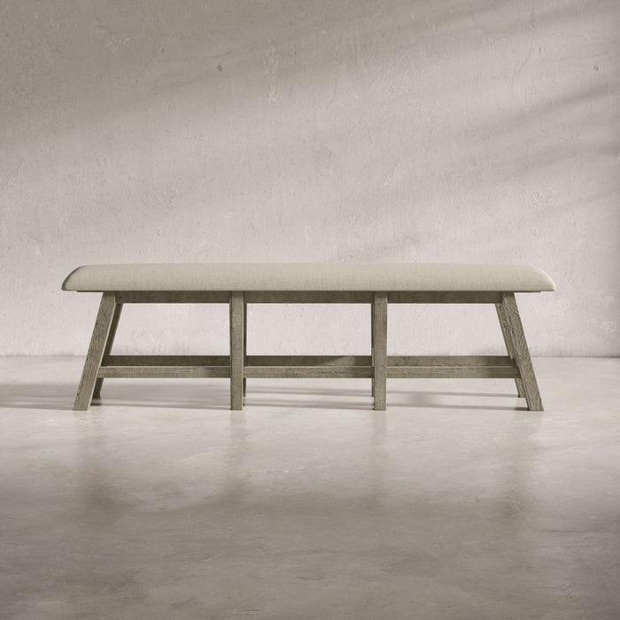 Jofran Telluride Rustic Distressed Pine Upholstered 85" Counter Height Bench in Driftwood Grey image
