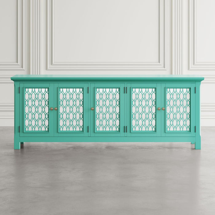 Jofran Isabella 86" Luxury Mirrored Sideboard Storage Cabinet in Aqua - Holmwood's Furniture & Design Center (Somersworth, NH)