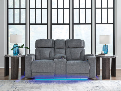 Studio Cave Power Reclining Loveseat with Console - Holmwood's Furniture & Design Center (Somersworth, NH)