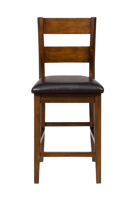 Jofran Plantation Counter Height Table and Four Faux Leather Stools- Warm Brown in Light Brown - Holmwood's Furniture & Design Center (Somersworth, NH)