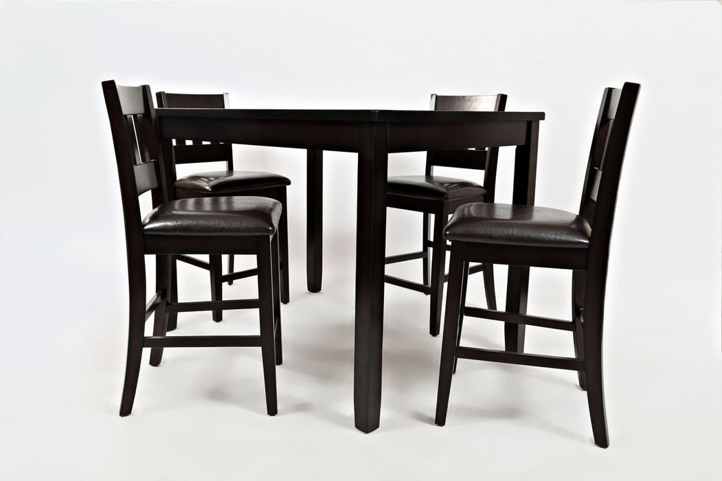 Jofran Dark Rustic Prairie Counter Height Table and Four Faux Leather Stools in Dark Brown - Holmwood's Furniture & Design Center (Somersworth, NH)