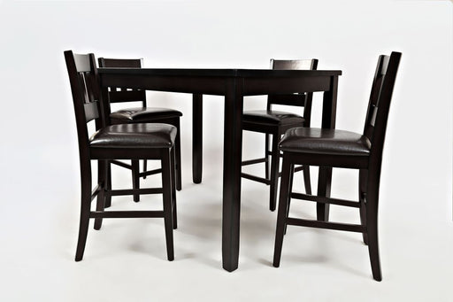 Jofran Dark Rustic Prairie Counter Height Table and Four Faux Leather Stools in Dark Brown - Holmwood's Furniture & Design Center (Somersworth, NH)