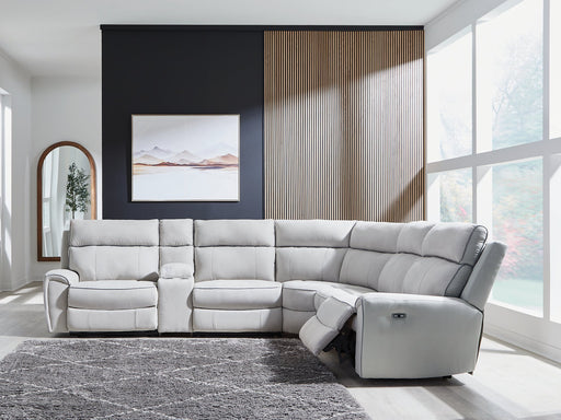 Social Pointe Reclining Sectional with Storage Console - Holmwood's Furniture & Design Center (Somersworth, NH)