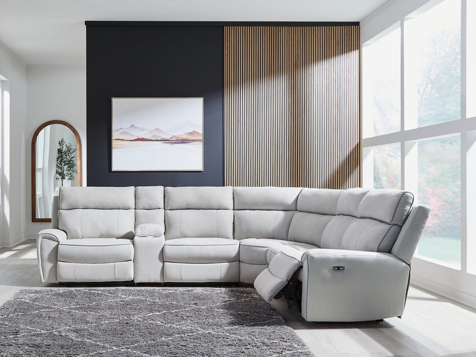 Social Pointe Reclining Sectional with Storage Console - Holmwood's Furniture & Design Center (Somersworth, NH)