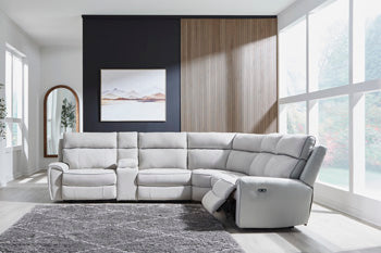 Social Pointe Reclining Sectional with Storage Console - Holmwood's Furniture & Design Center (Somersworth, NH)