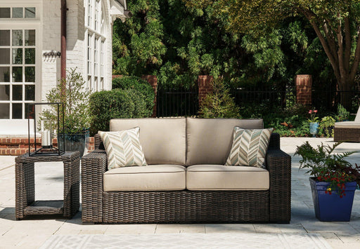 Coastline Bay Outdoor Loveseat with Cushion - Holmwood's Furniture & Design Center (Somersworth, NH)