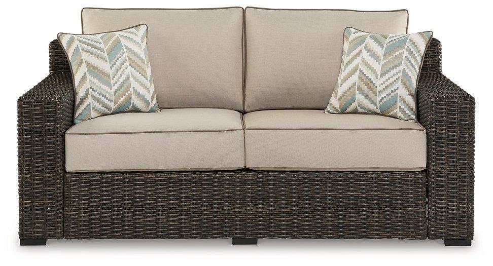 Coastline Bay Outdoor Loveseat with Cushion - Holmwood's Furniture & Design Center (Somersworth, NH)