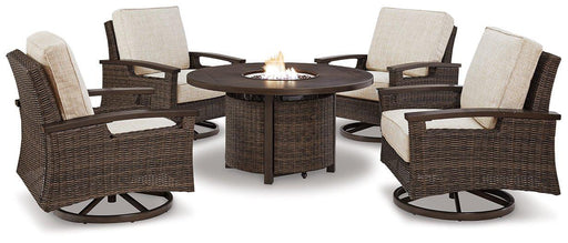 Paradise Trail Paradise Trail Fire Pit Table with 4 Nuvella Swivel Lounge Chairs - Holmwood's Furniture & Design Center (Somersworth, NH)