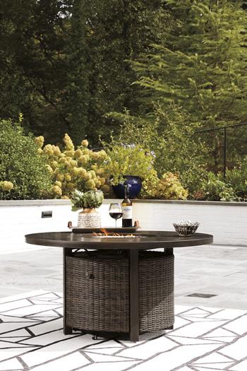 Paradise Trail Paradise Trail Fire Pit Table with 4 Nuvella Swivel Lounge Chairs - Holmwood's Furniture & Design Center (Somersworth, NH)