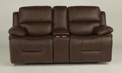 Flexsteel Latitudes Apollo Leather Power Reclining Loveseat w/Console and Power Headrests in Brown - Holmwood's Furniture & Design Center (Somersworth, NH)