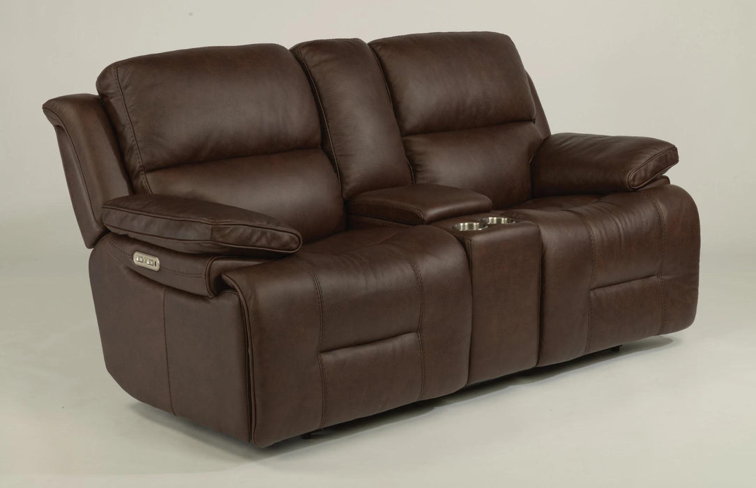 Flexsteel Latitudes Apollo Leather Power Reclining Loveseat w/Console and Power Headrests in Brown - Holmwood's Furniture & Design Center (Somersworth, NH)