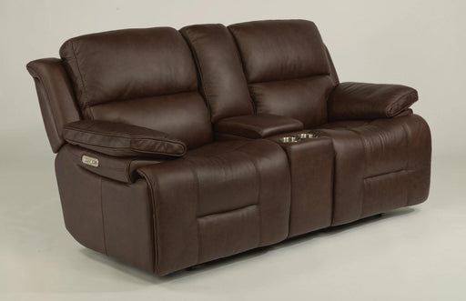 Flexsteel Latitudes Apollo Leather Power Reclining Loveseat w/Console and Power Headrests in Brown - Holmwood's Furniture & Design Center (Somersworth, NH)