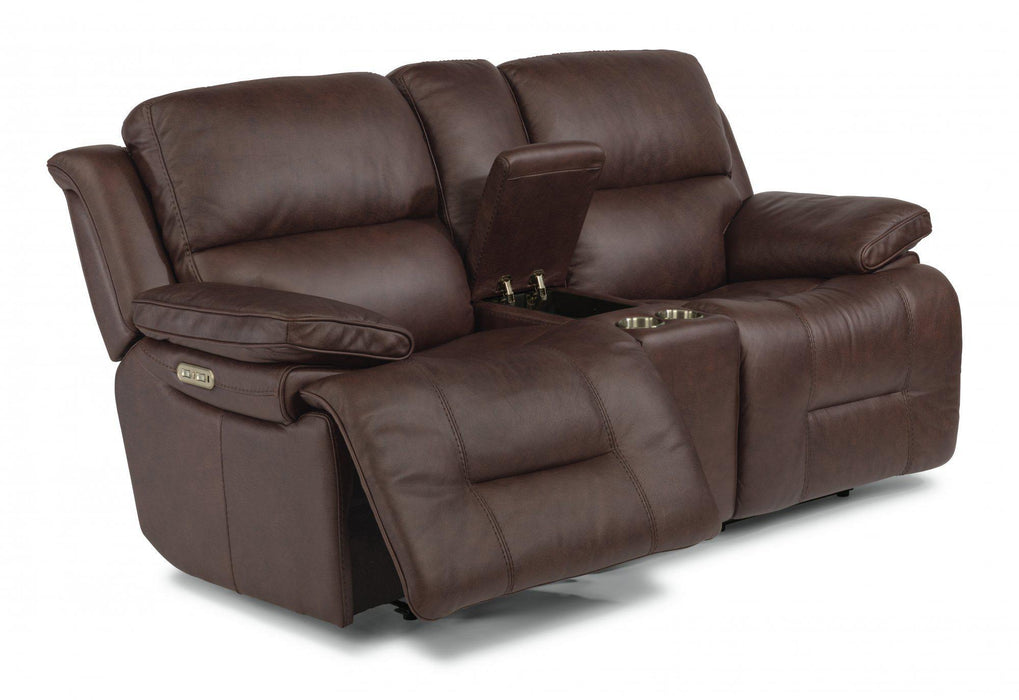 Flexsteel Latitudes Apollo Leather Power Reclining Loveseat w/Console and Power Headrests in Brown - Holmwood's Furniture & Design Center (Somersworth, NH)