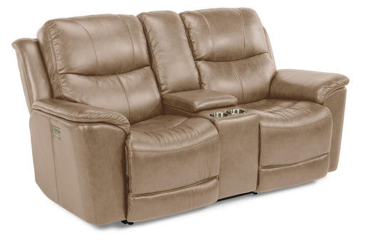 Flexsteel Latitudes Cade Leather Power Reclining Loveseat w/ Console & Power Headrests  in Light Brown - Holmwood's Furniture & Design Center (Somersworth, NH)