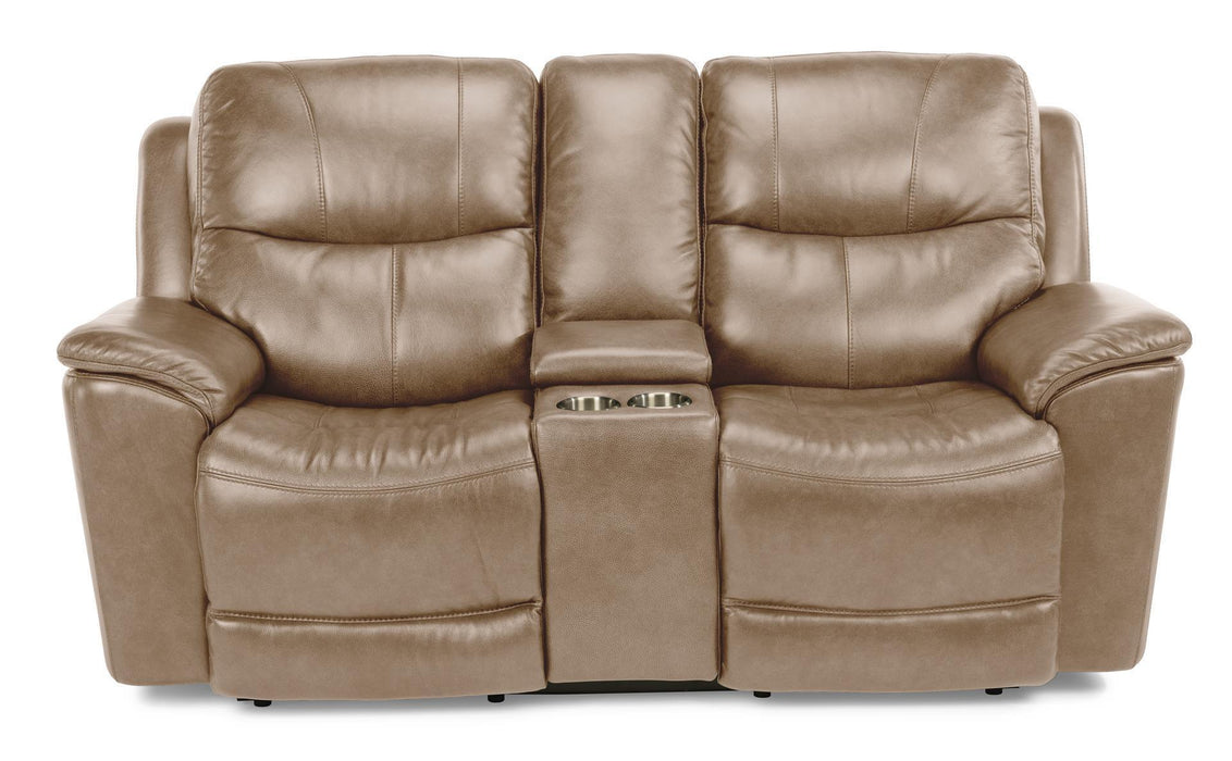 Flexsteel Latitudes Cade Leather Power Reclining Loveseat w/ Console & Power Headrests  in Light Brown - Holmwood's Furniture & Design Center (Somersworth, NH)