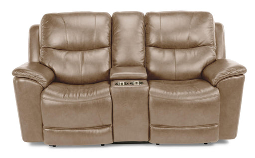 Flexsteel Latitudes Cade Leather Power Reclining Loveseat w/ Console & Power Headrests  in Light Brown - Holmwood's Furniture & Design Center (Somersworth, NH)