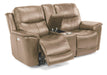 Flexsteel Latitudes Cade Leather Power Reclining Loveseat w/ Console & Power Headrests  in Light Brown - Holmwood's Furniture & Design Center (Somersworth, NH)
