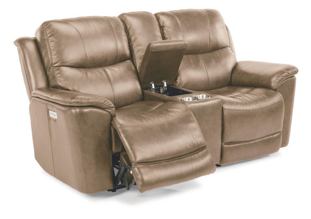Flexsteel Latitudes Cade Leather Power Reclining Loveseat w/ Console & Power Headrests  in Light Brown - Holmwood's Furniture & Design Center (Somersworth, NH)