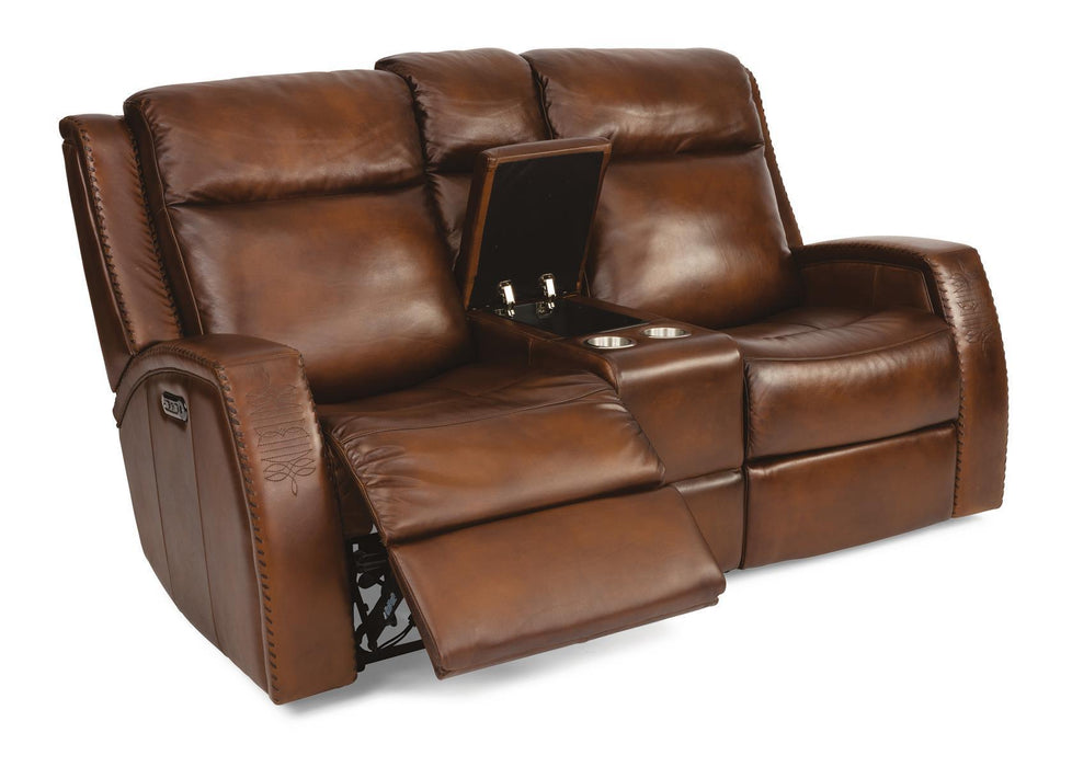 Flexsteel Latitudes Mustang Leather Power Reclining Loveseat w/Console & Power Headrests - Holmwood's Furniture & Design Center (Somersworth, NH)