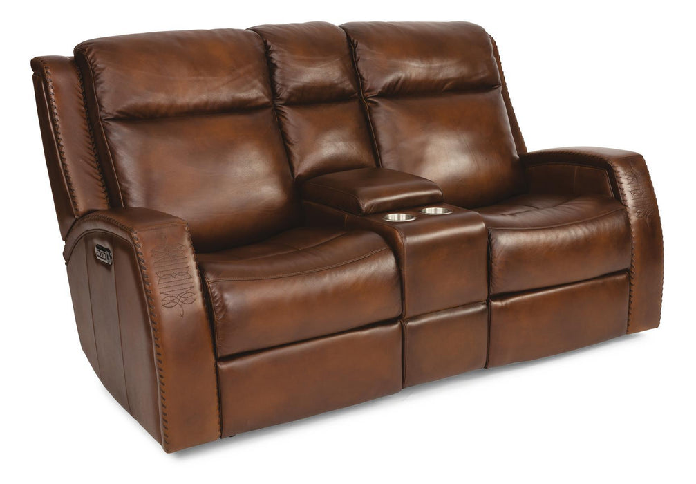 Flexsteel Latitudes Mustang Leather Power Reclining Loveseat w/Console & Power Headrests - Holmwood's Furniture & Design Center (Somersworth, NH)