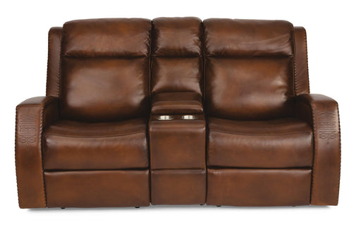 Flexsteel Latitudes Mustang Leather Power Reclining Loveseat w/Console & Power Headrests - Holmwood's Furniture & Design Center (Somersworth, NH)