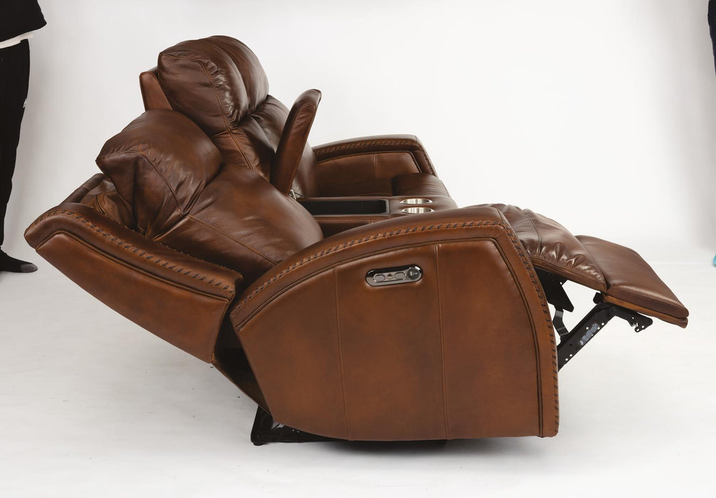 Flexsteel Latitudes Mustang Leather Power Reclining Loveseat w/Console & Power Headrests - Holmwood's Furniture & Design Center (Somersworth, NH)