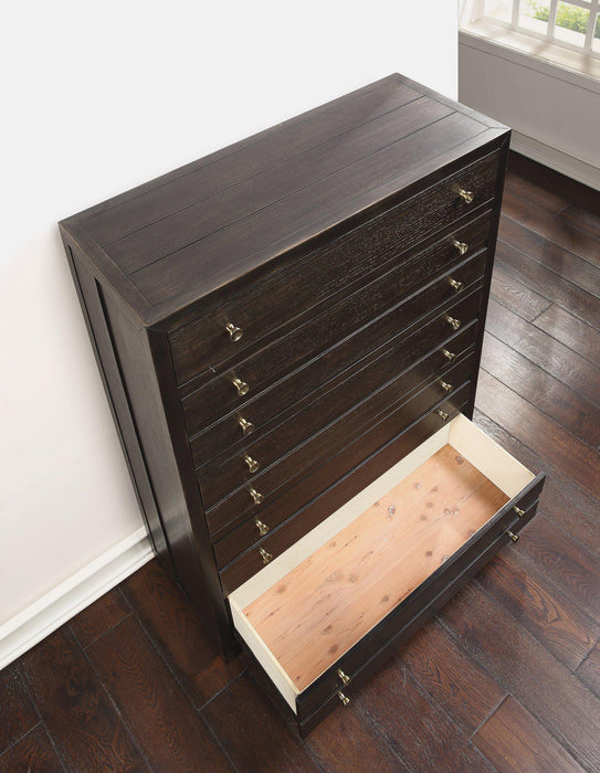 Flexsteel Wynwood Cologne Drawer Chest in Dark Brown - Holmwood's Furniture & Design Center (Somersworth, NH)