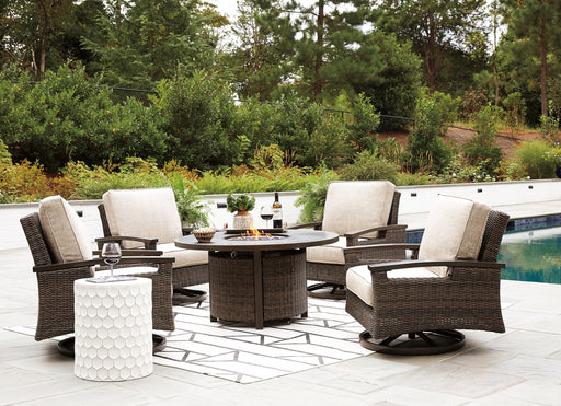 Paradise Trail Paradise Trail Fire Pit Table with 4 Nuvella Swivel Lounge Chairs - Holmwood's Furniture & Design Center (Somersworth, NH)