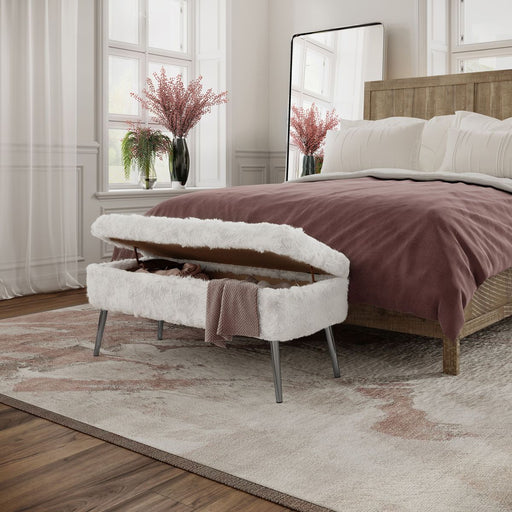 Jofran Huggy Luxury Plush Faux Fur Upholstered Storage Bench in Natural - Holmwood's Furniture & Design Center (Somersworth, NH)