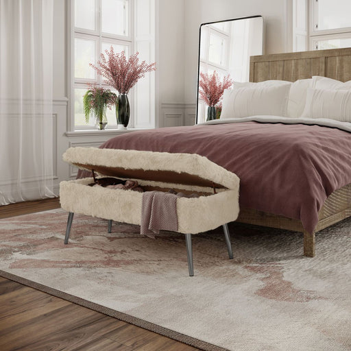 Jofran Huggy Luxury Plush Faux Fur Upholstered Storage Bench in Sand - Holmwood's Furniture & Design Center (Somersworth, NH)
