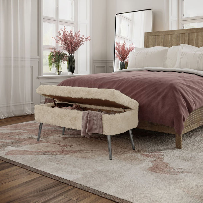 Jofran Huggy Luxury Plush Faux Fur Upholstered Storage Bench in Sand - Holmwood's Furniture & Design Center (Somersworth, NH)