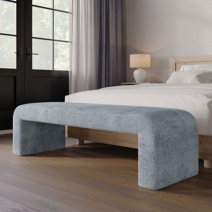 Jofran Sophia Modern Luxury Curved Upholstered Jacquard Bench - Large in Blue - Holmwood's Furniture & Design Center (Somersworth, NH)